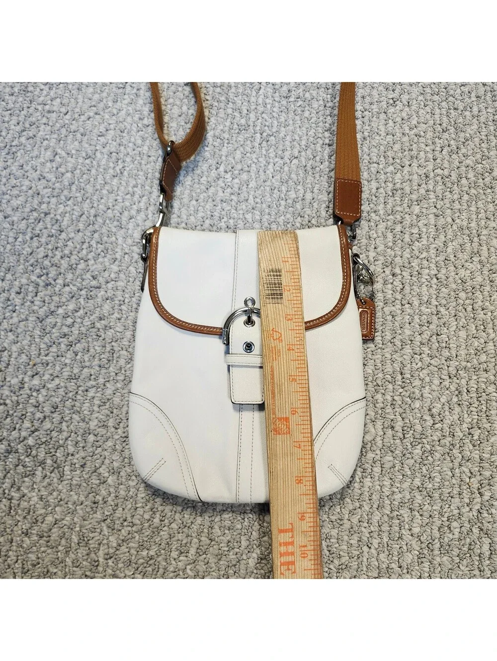 Coach White Leather Crossbody Bag with Brown Trim and Adjustable Strap